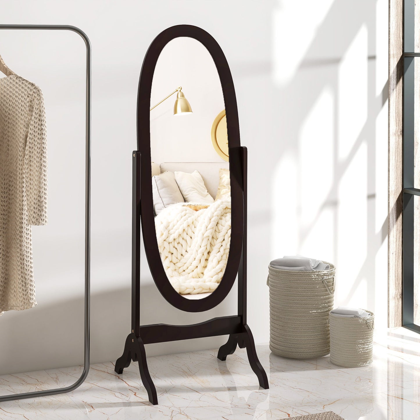 Floor Standing Mirror Full Length Mirror with Adjustable Angle Oval Frame for Dressing Room Bedroom Living Room Coffee