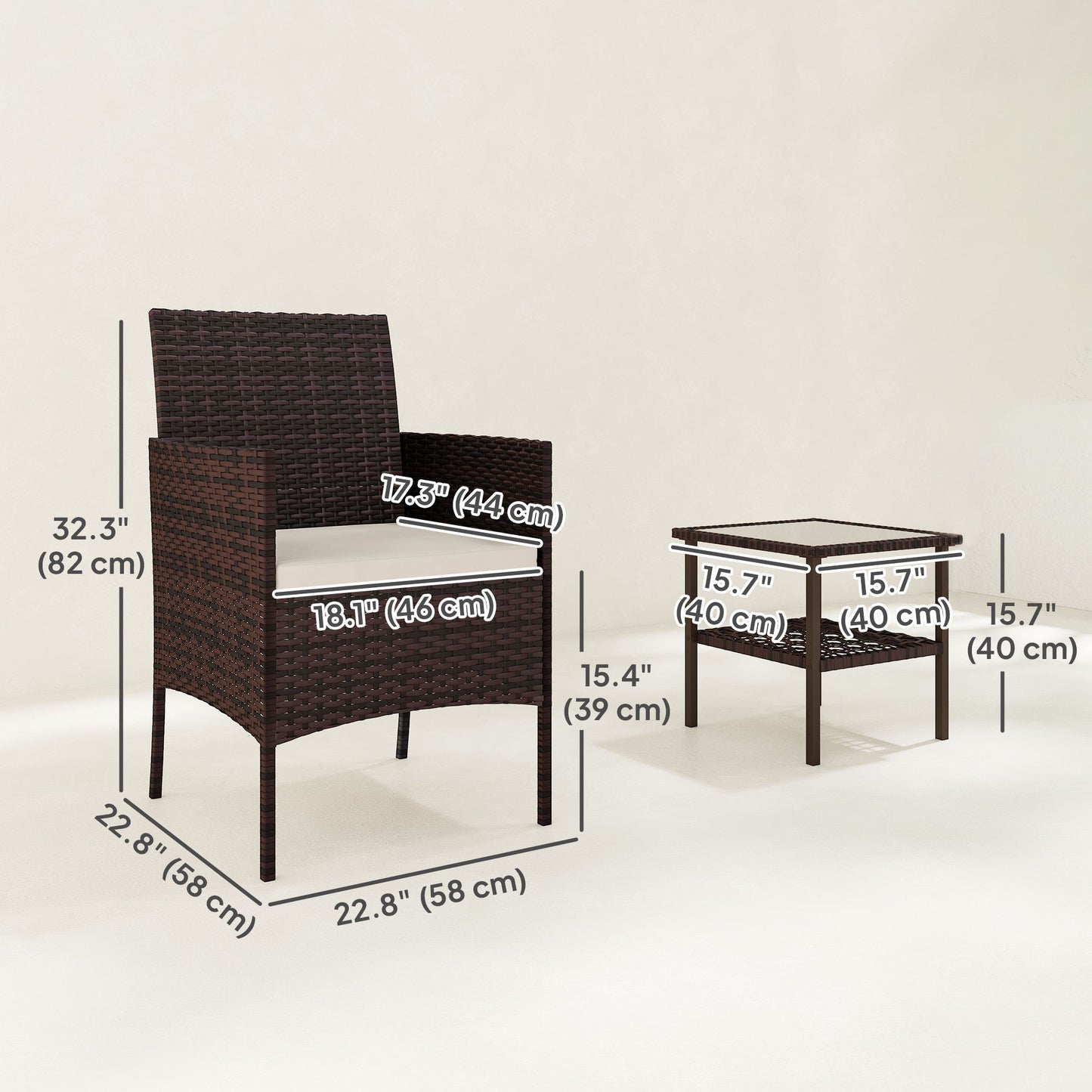 Wicker Bistro Set, 3 Piece Patio Furniture Set with 2-Tier Glass Top Table, Cushions for Balcony, Porch, Beige