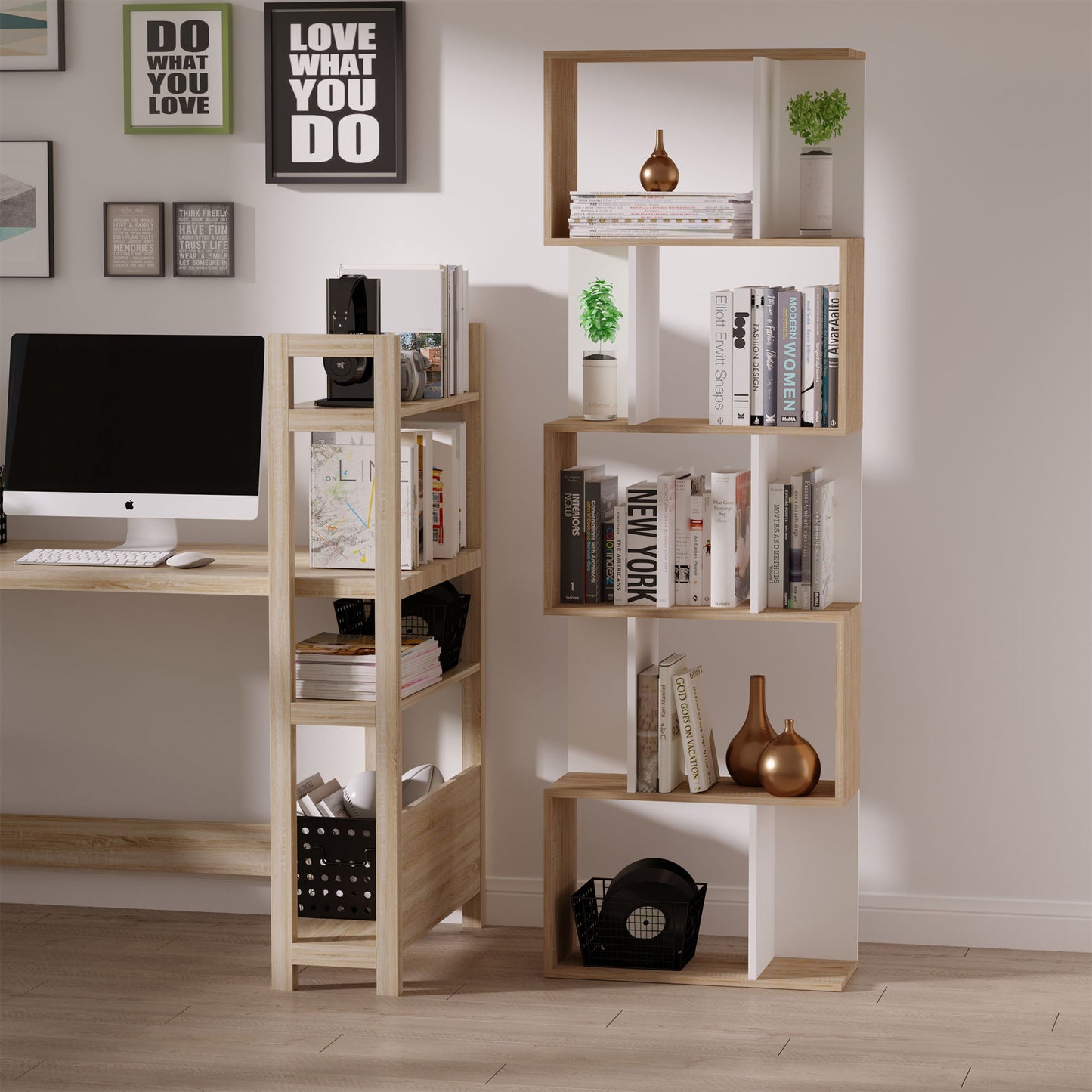 5-Tier Geometric Bookcase Display Shelf Storage Shelf Modern Room Divider Living Room Home Office Furniture, White