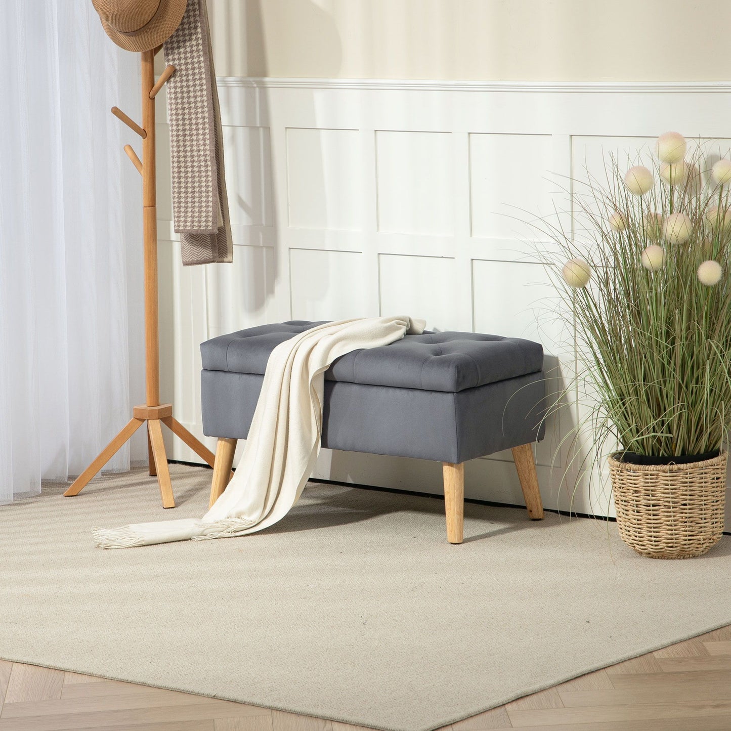 Storage Ottoman with Lid, Velvet Upholstered Storage Bench with Wood Legs for Living Room, Charcoal Grey