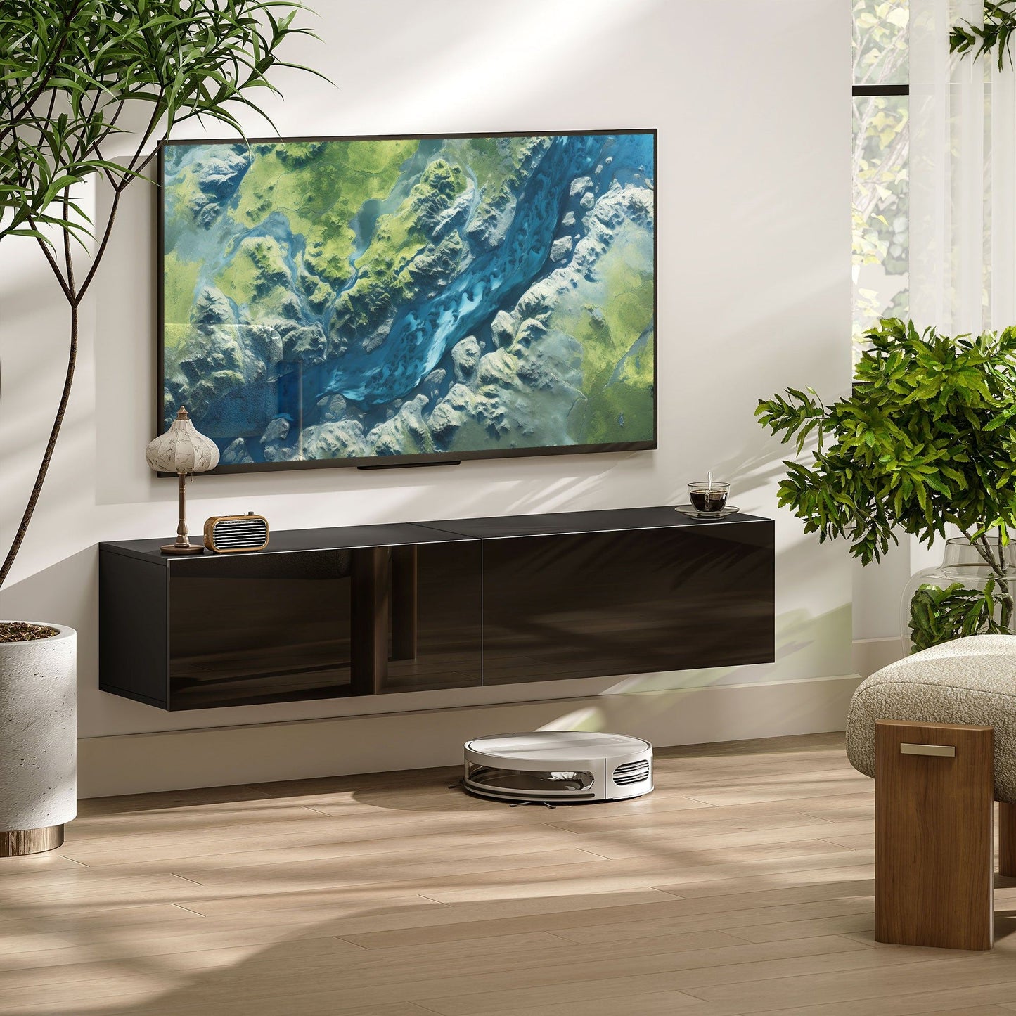 Floating TV Stand with Storage Cupboards - Black
