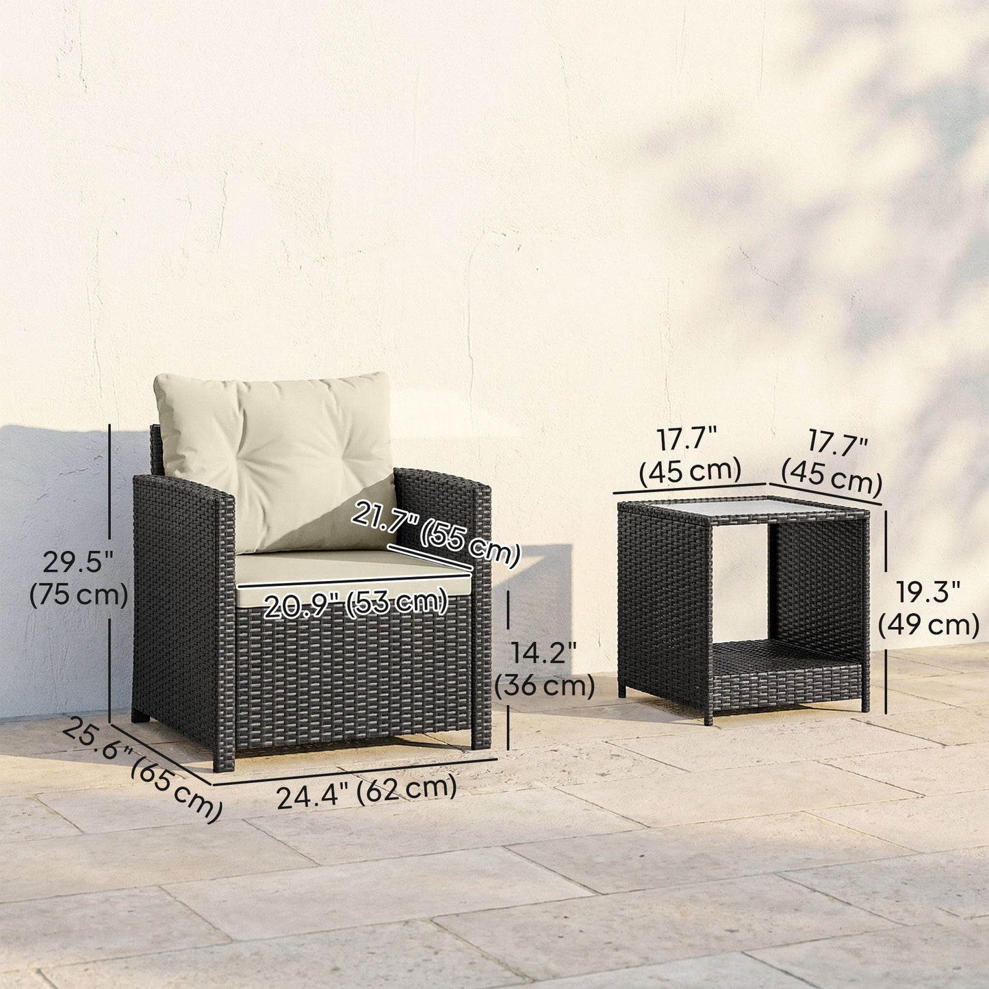Outdoor Bistro Set, 3 Piece Wicker Patio Furniture Set with 2-Tier Glass Top Table, Cushions for Porch, Balcony, Beige