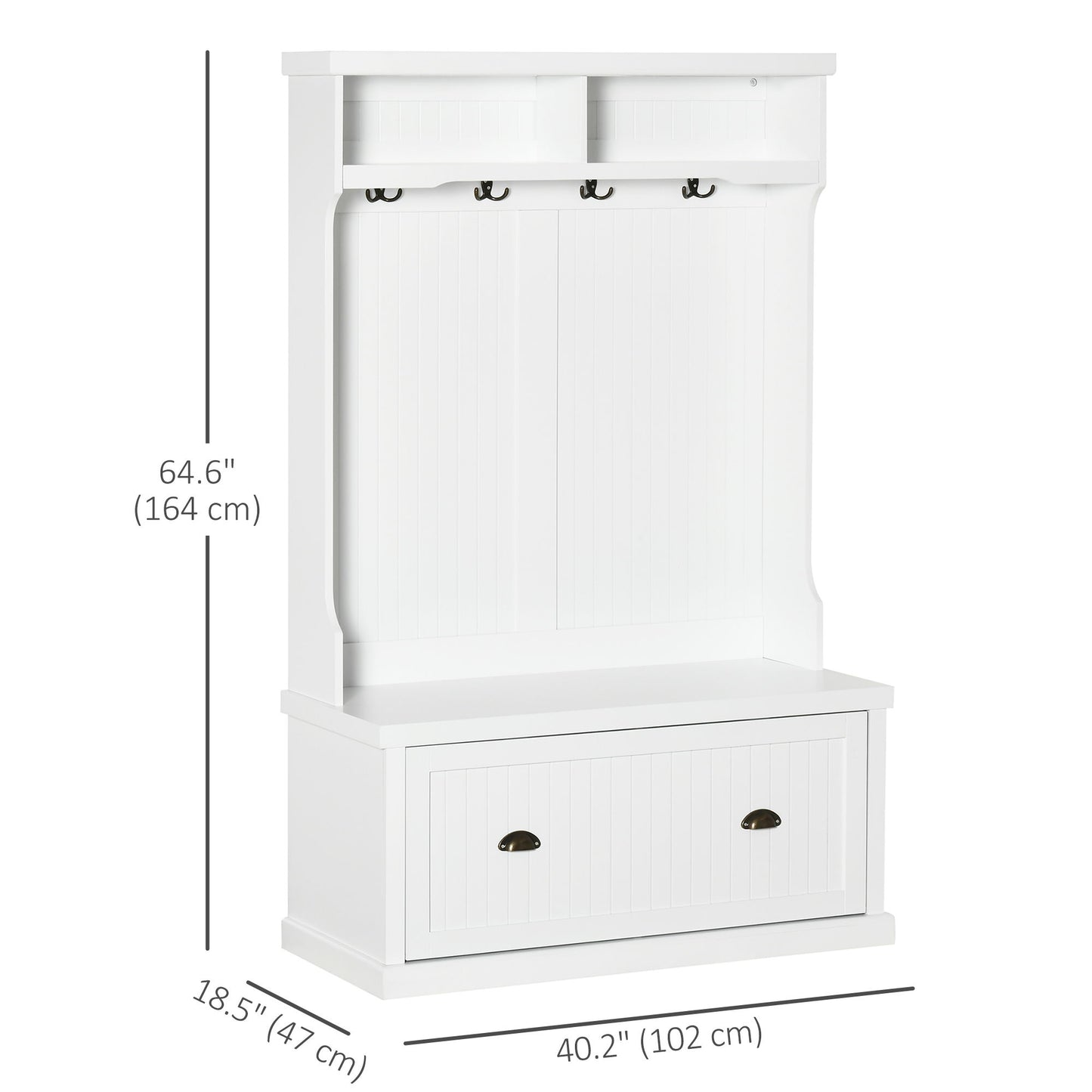 64.5" H Hall Tree with Storage Drawer & Top Shelf, Coat Rack Wooden Entryway Storage Bench Hall Tree Hallway Clothes Bag Coat Rack 4 Hooks, White