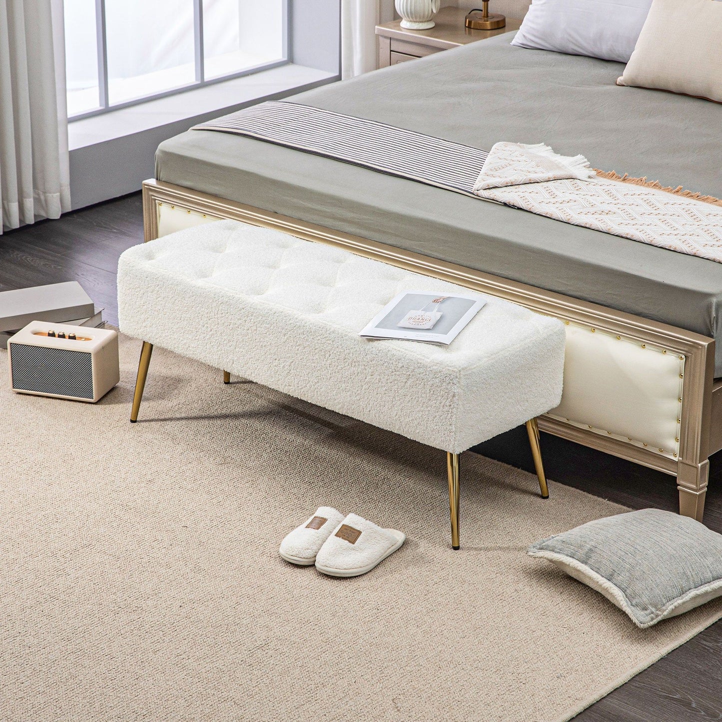 44" Upholstered End of Bed Bench with Padded Cushion - Cream White