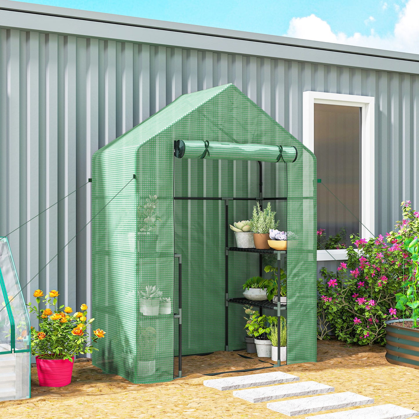 3-Tier Mini Greenhouse, Walk-in Greenhouse, Garden Hot House with 4 Shelves, Roll-Up Door and Weatherized Cover, 56" x 29" x 77", Dark Green