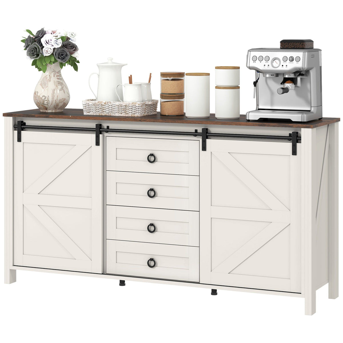 60" Farmhouse Sideboard with Sliding Barn Doors - Cream White