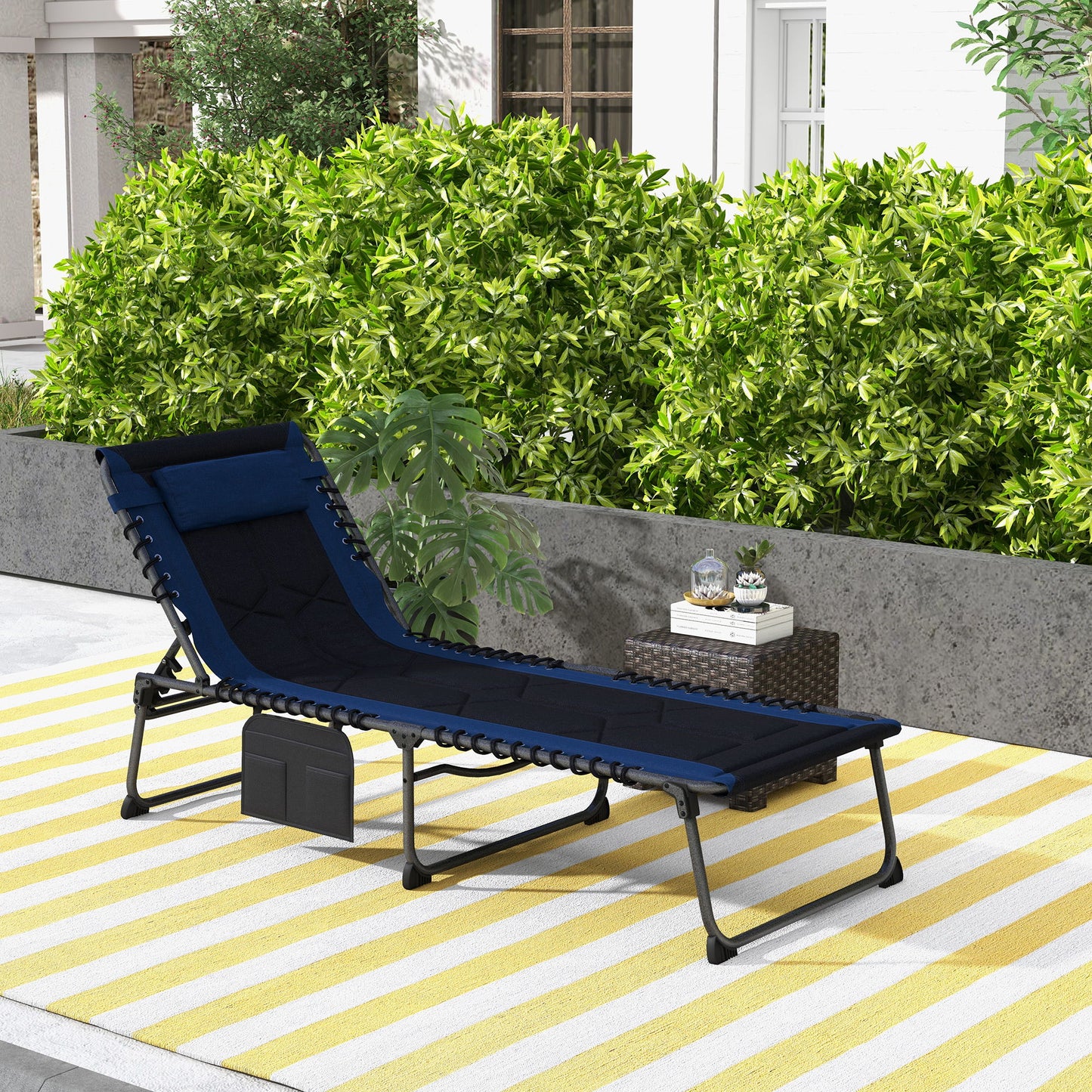 Folding Chaise Lounge w/ 5-level Reclining Back, Outdoor Tanning Chair Lounge Chair w/ Padded Seat, Side Pocket, Headrest, Carry Strap, for Beach, Yard, Patio, Blue