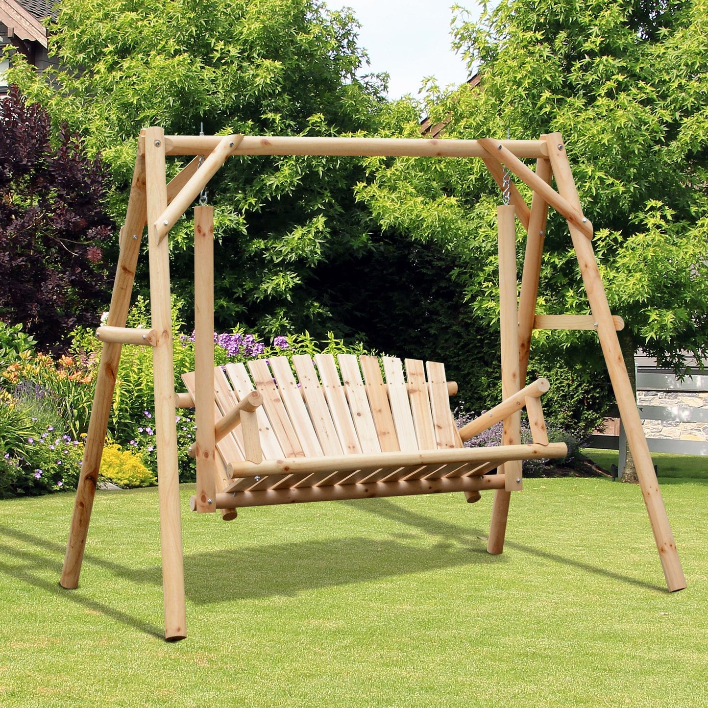 Freestanding 6.5' Wooden Loveseat Traditional Farmhouse Style Log Swing Natural Wood