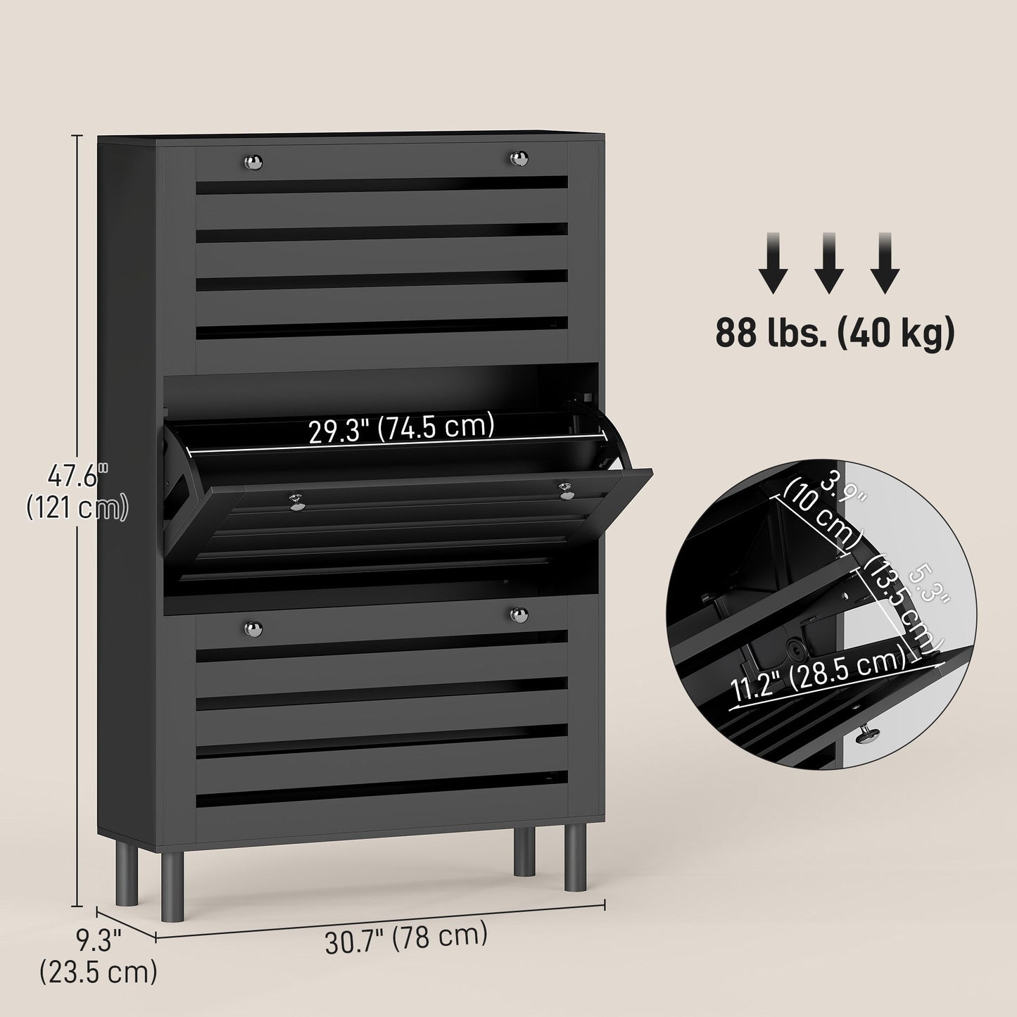 Narrow Shoe Storage Cabinet, 3 Flip Drawers, Adjustable Shelves, 18-24 Pairs Capacity, Black