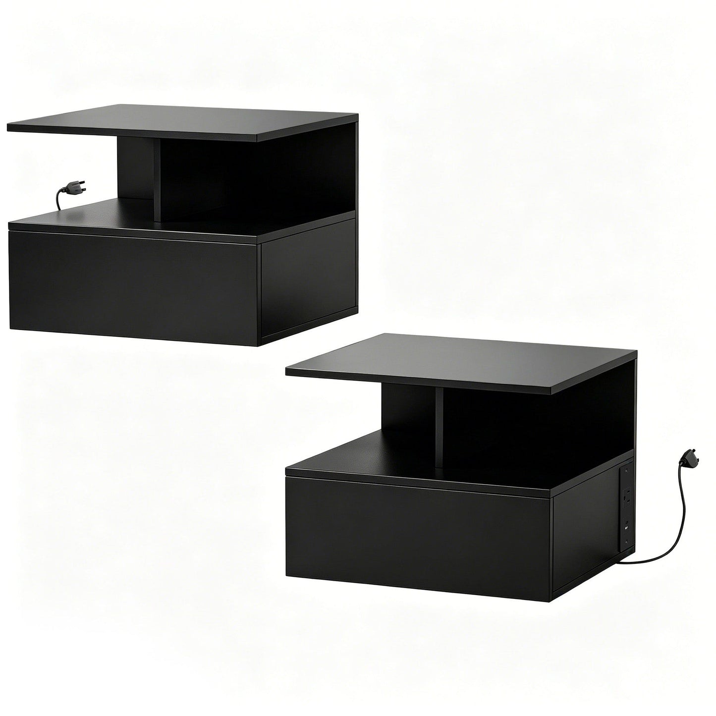Floating Nightstand Set of 2 with Power Outlets - Black