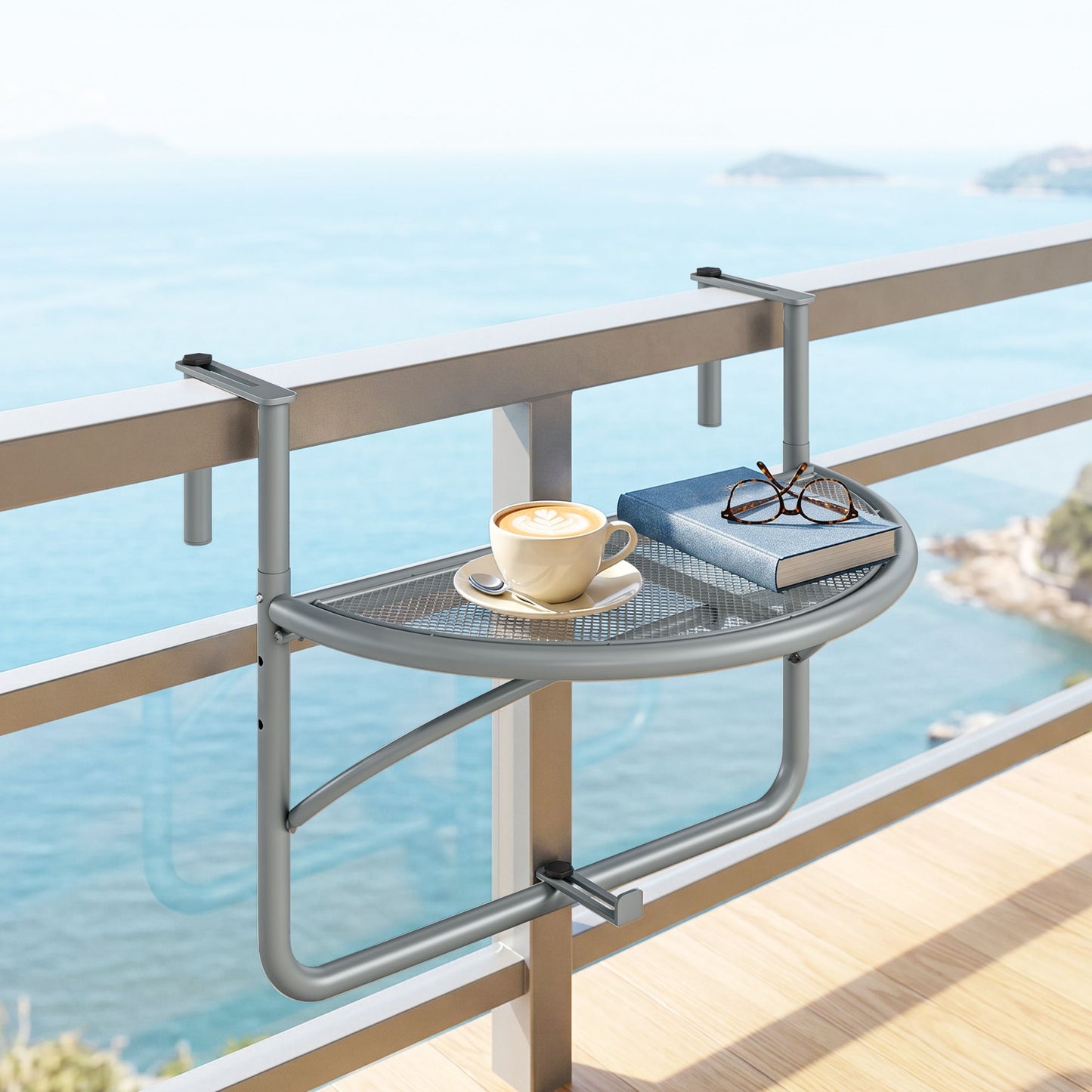 Adjustable Balcony Hanging Railing Table, Metal Mounting Mini Wall Desk Storage Rack, Outdoor Flower Stand Serving Table Half Round, Grey