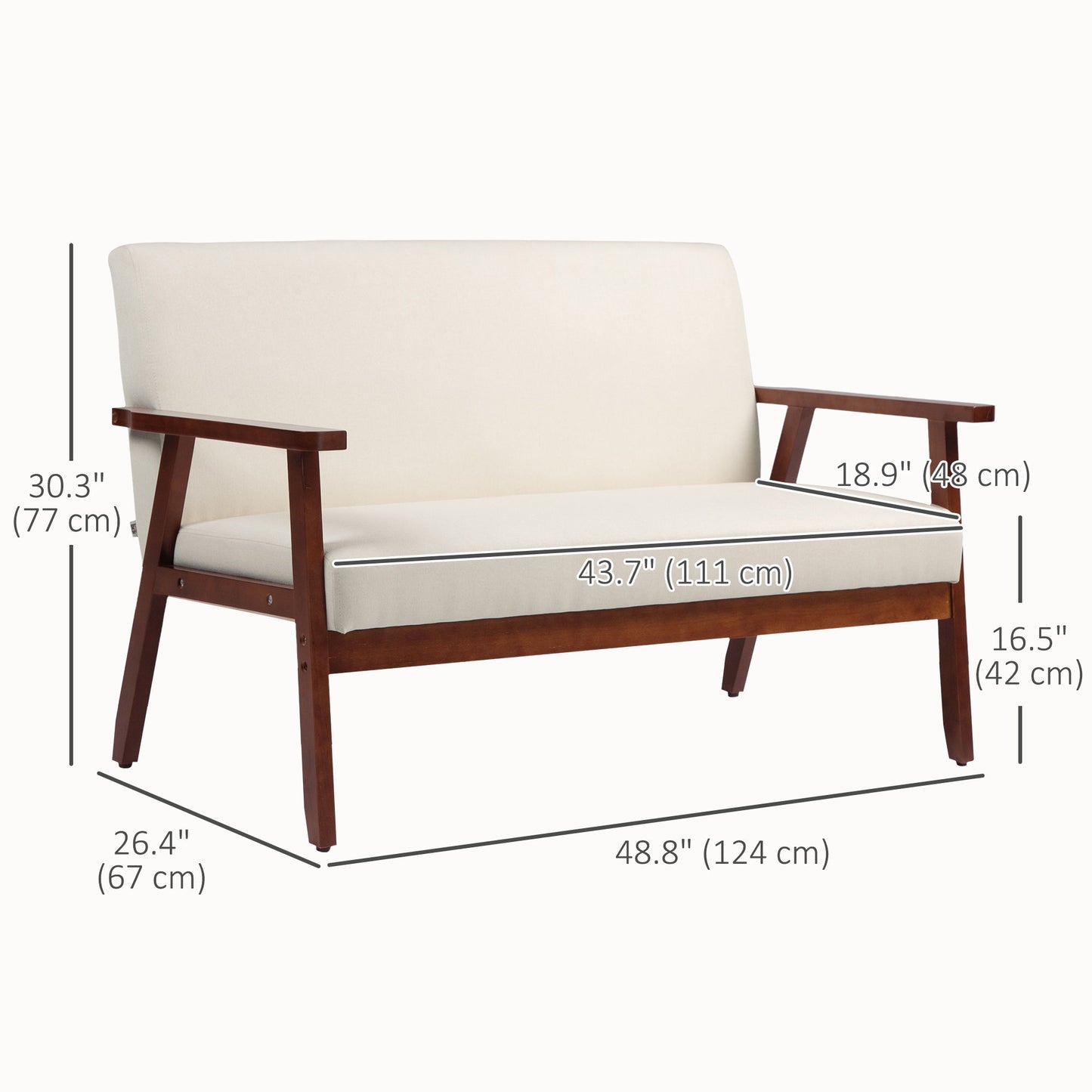 Compact Loveseat Sofa Couch Linen Fabric Double Seat Sofa with Rubber Wood Legs Cream White