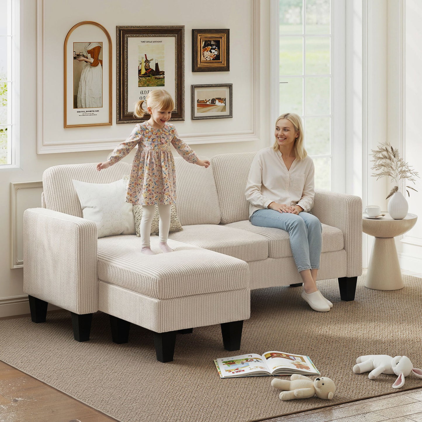 Sectional Sofa, L Shaped Couch, with Changeable Chaise or Ottoman, Cream White