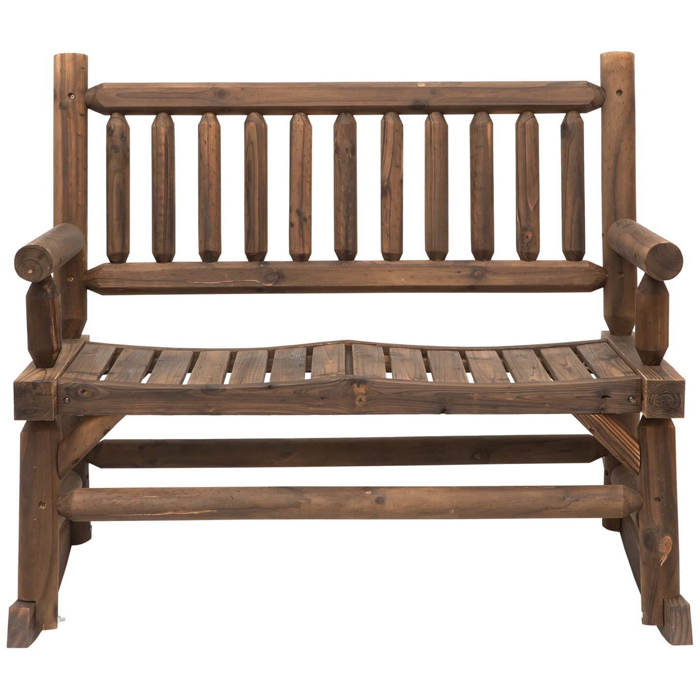 2-Person Wood Patio Rocker, Outdoor Rocking Chair, Porch Rocking Bench with Slat Back and Seat, Carbonized Colour