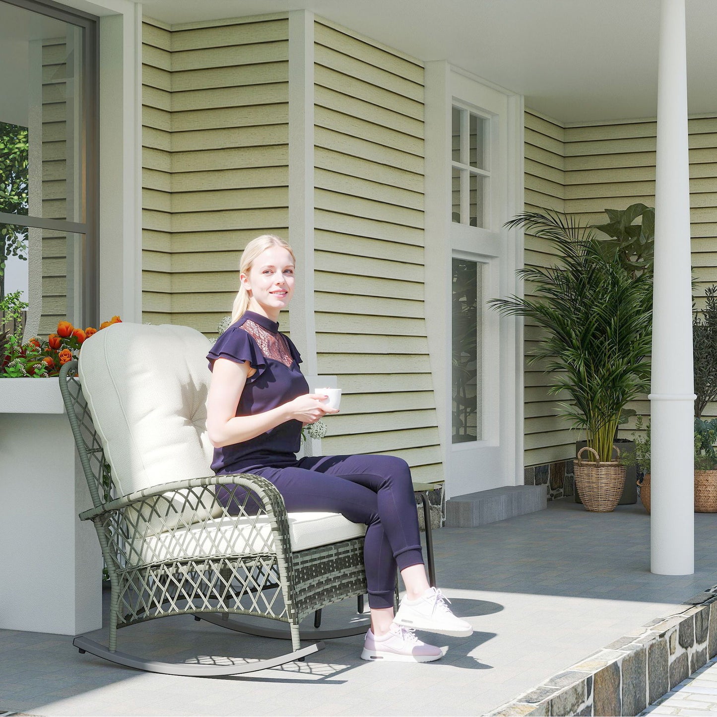 Rattan Rocking Chair, Outdoor Wicker Patio Rocker Chair Furniture with Thick Cushions, for Garden Backyard Porch, Khaki