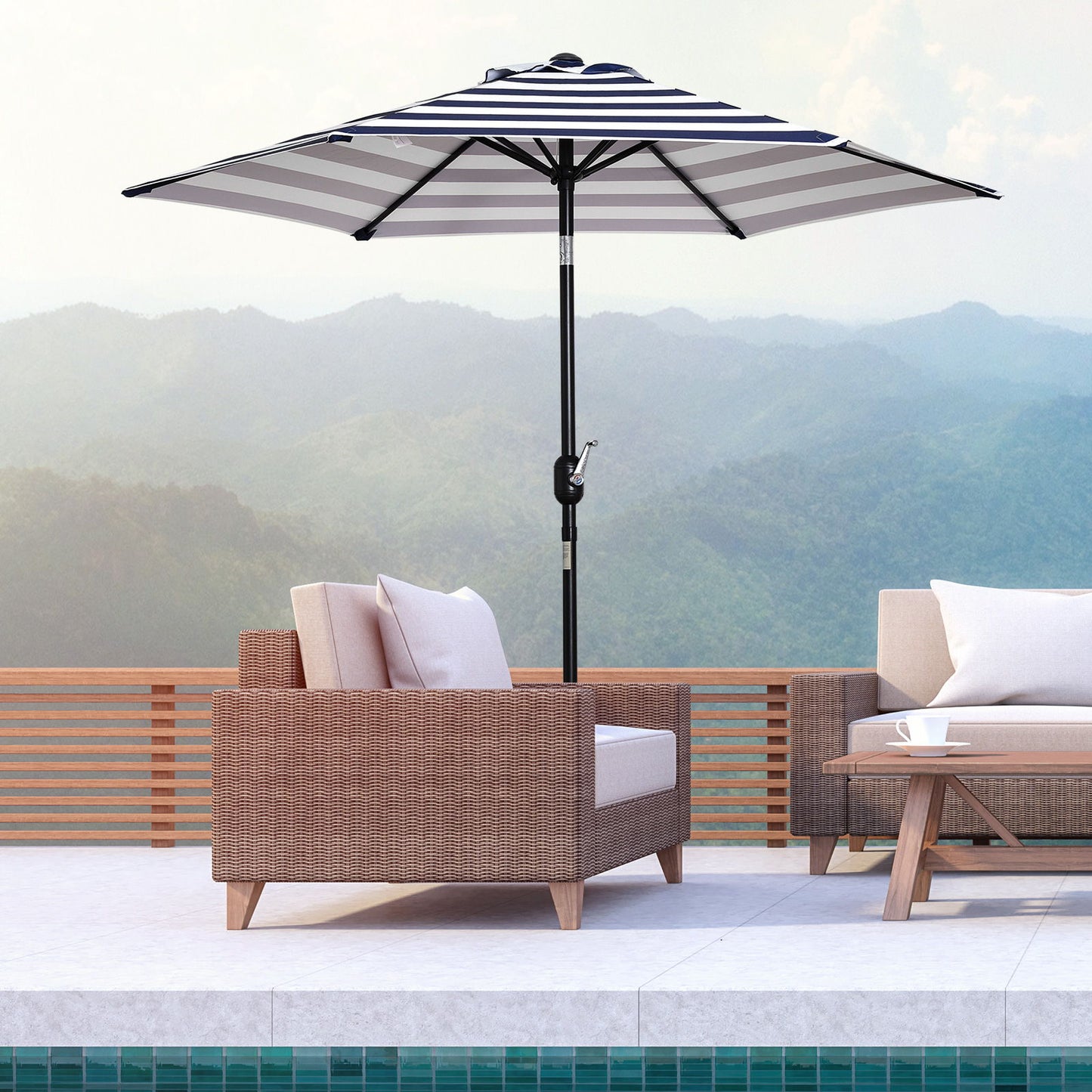Patio Sun Umbrella, Outdoor Parasol with 6 Ribs, Blue Stripes