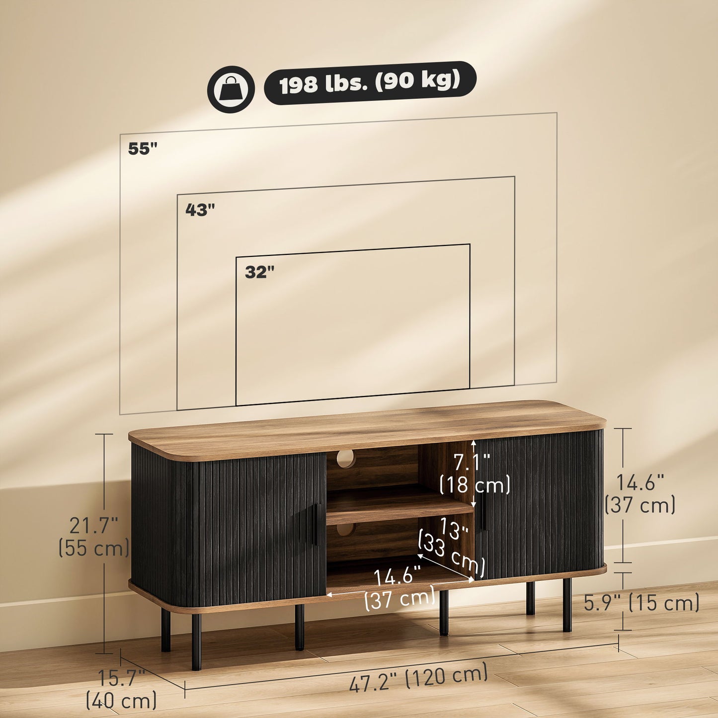 TV Stand Cabinet for TVs up to 55 Inches, TV Unit with Storage Shelves and Cabinets for Living Room, Black