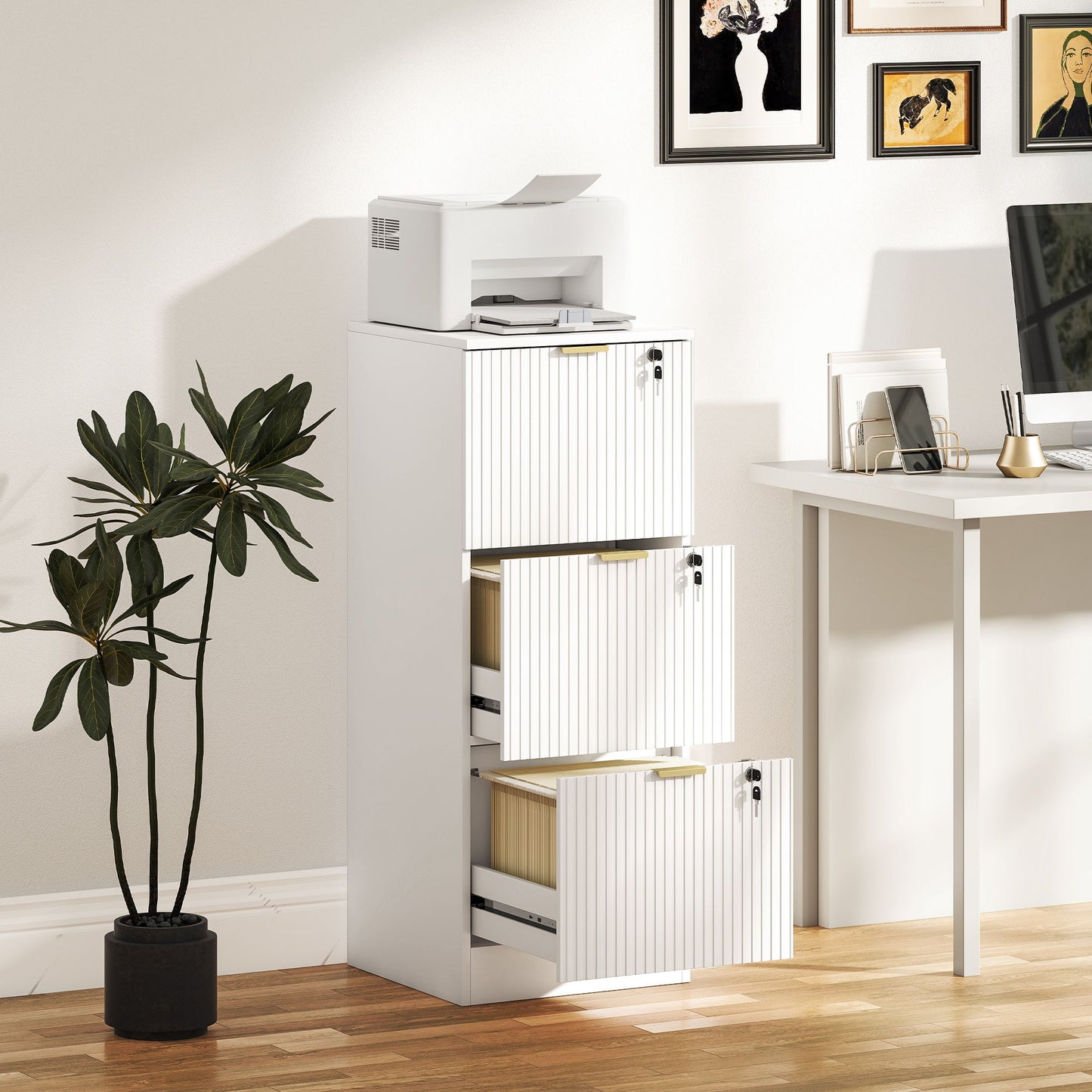 Lockable Filing Cabinet with 3 Fluted Drawers, File Cabinet with Adjustable Hanging Rails for A4 Letter Files, White