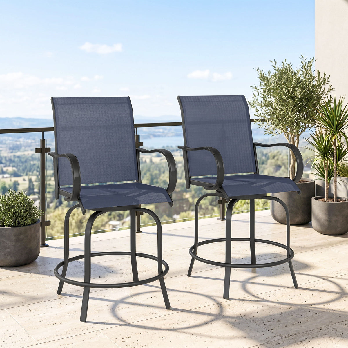 Outdoor Bar Stools Set of 2, 360° Swivel Bar Height Chairs, 26.8" x 29.5" x 48.4", Navy Blue