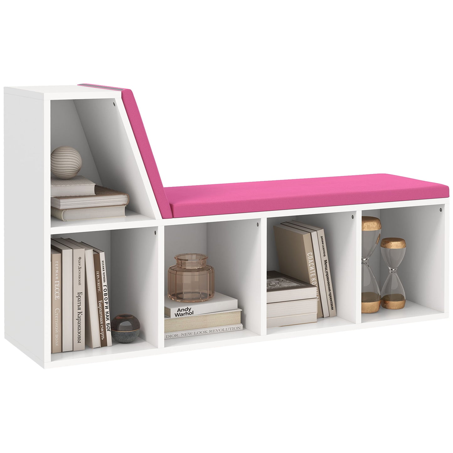 Multi-Purpose Bookshelf with 5 Cubes, 5-Cubby Bookcase with Cushioned Reading Nook and Storage Shelves, Pink