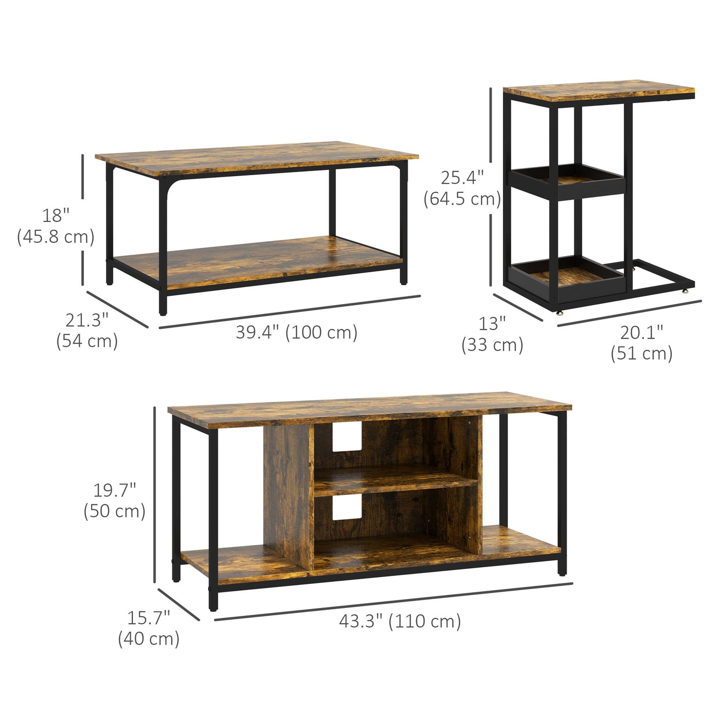 Living Room Furniture Set, Industrial Living Room Tables and TV Stand for 55" TVs, 2-tier Coffee Table and C-shaped Side Table with Storage Shelves, Rustic Brown