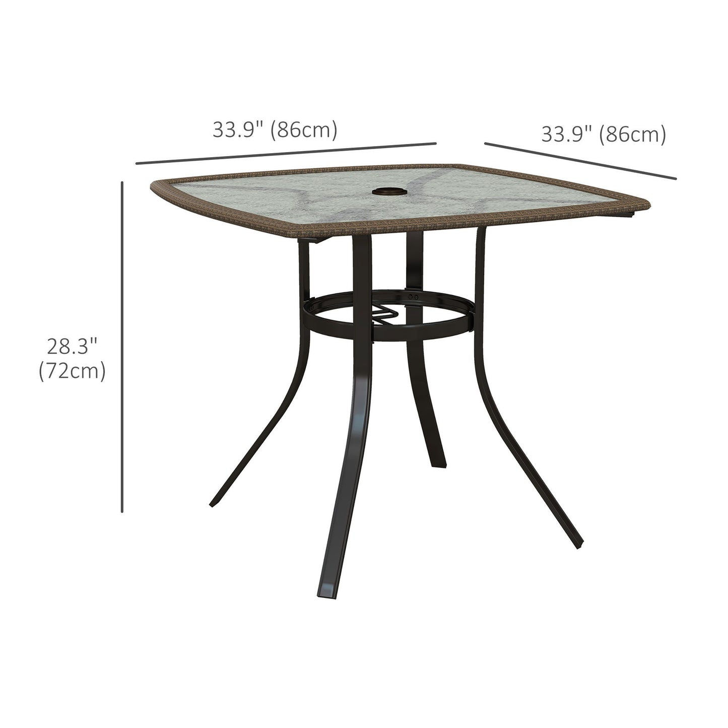 34" Square Outdoor Dining Table, Patio Table with Umbrella Hole, Water-Grain Glass Top Coffee Table for Balcony, Poolside, Dark Brown