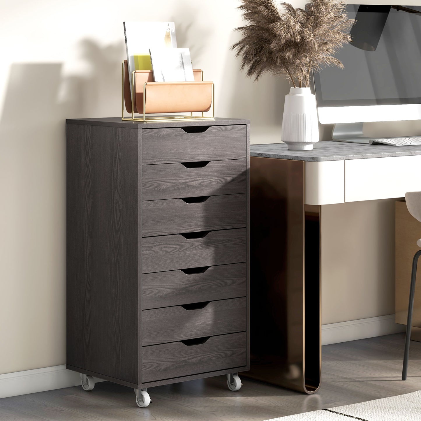 7-drawer Vertical File Cabinet for Home Office, Storage Cabinet with Wheels, 18.7"x15.6"x35.4", Grey Wood Grain