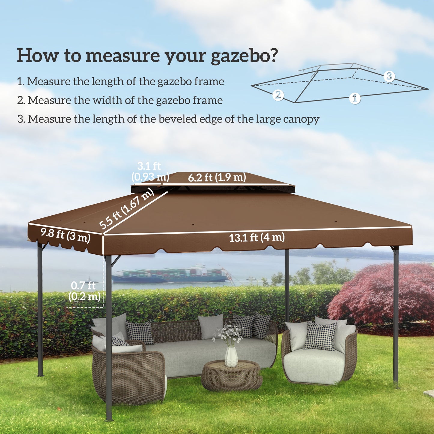 13' x 10' Gazebo Replacement Canopy, Gazebo Top Cover with Double Vented Roof for Garden Patio(TOP ONLY), Coffee
