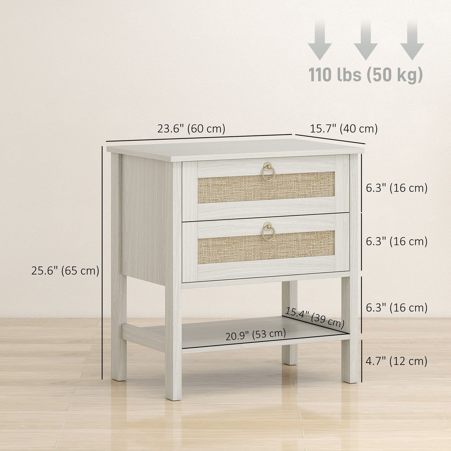 Set of 2 Boho Bedside Tables, Rattan Nightstands with 2 Drawers, Storage Shelf, End Side Tables for Bedroom, White Oak