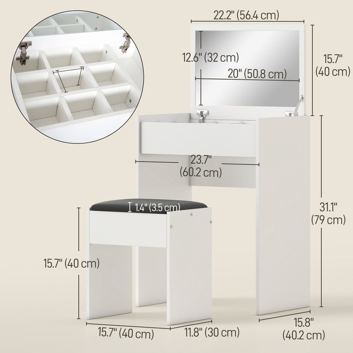 Modern Vanity Set with Makeup Table and Cushioned Stool, Dressing Table with Flip Top and Mirror for Bedroom, White