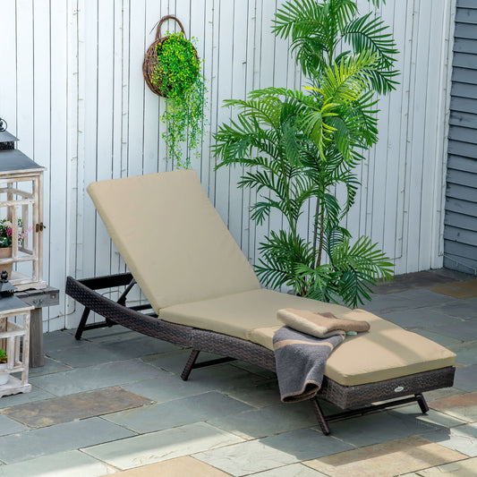 Wicker Patio Lounger, Outdoor Recliners Lounge Chair w/ 5-Level Adjustable Backrest, Cushion for Outdoor, Khaki