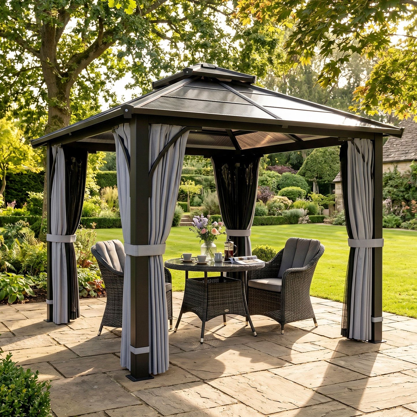 10' x 10' Hardtop Gazebo with 7mm Polycarbonate Double-Tier Roof, Outdoor Gazebo with Netting and Curtains, Dark Grey