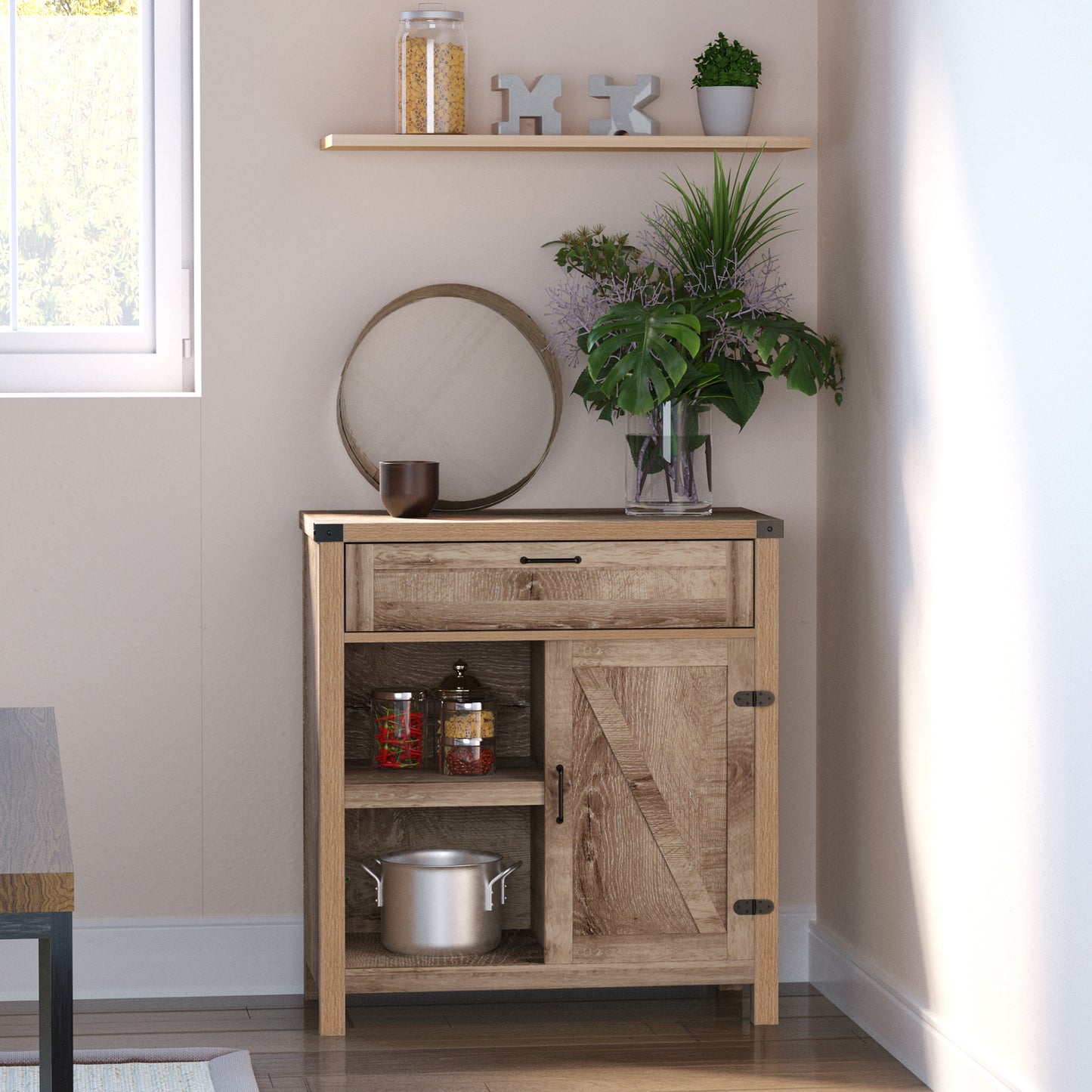 Rustic Barn Door Storage Cabinet Modern Farmhouse Buffet Sideboard for Kitchen and Dining Room, Light Oak