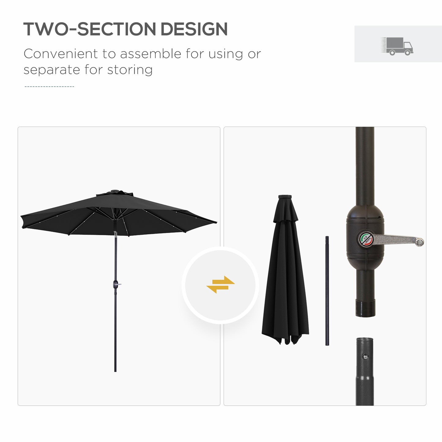 9ft Solar Patio Umbrella Outdoor Sunshade 24 LED Lights Tilt Canopy Black