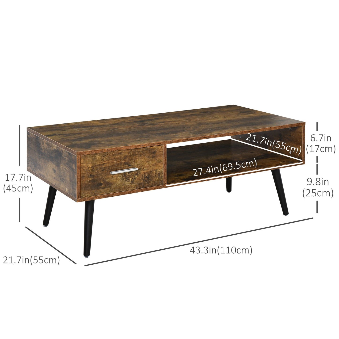 Retro Coffee Table with Storage and Drawer - Rustic Brown