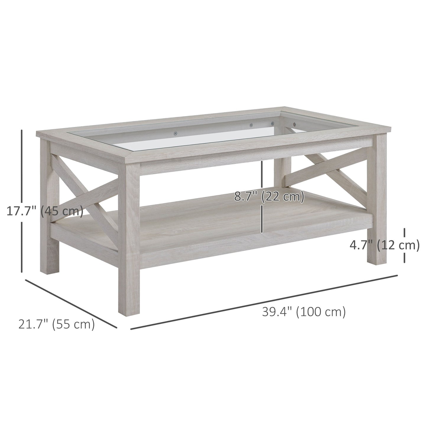 Farmhouse Coffee Table with Tempered Glass Table Top, 2-tier Center Table with Bottom Storage Shelf for Living Room, Bedroom
