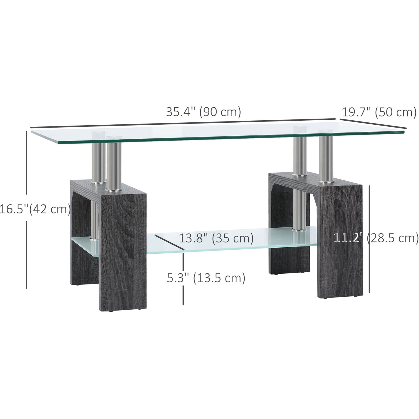 Rectangle Glass Coffee Table, 2-Tier Center Table with Tempered Glass Top and Storage Shelf for Living Room, Grey