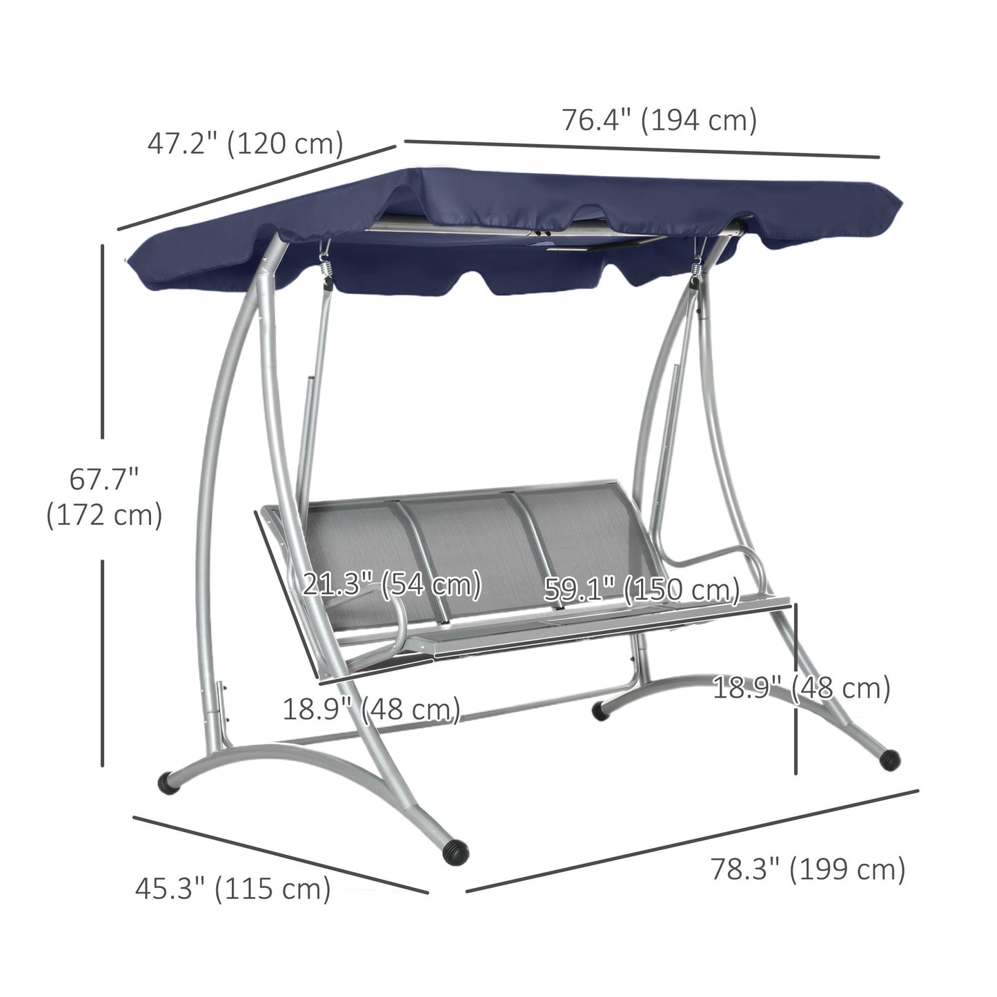 3-Seater Outdoor Swing Chair Bench with Adjustable Canopy, Dark Blue