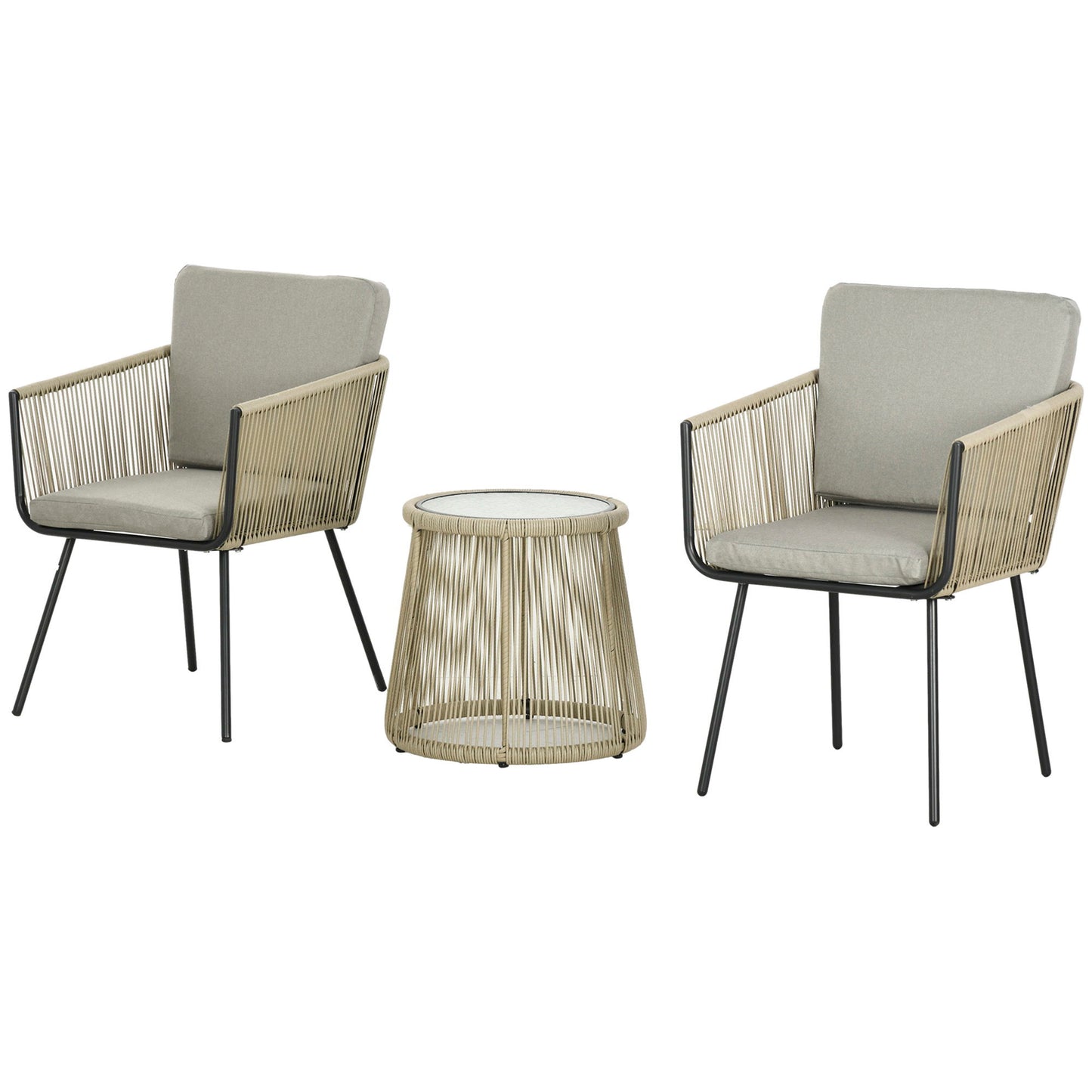 3 Piece Outdoor Patio Bistro Set, Wicker Rattan Furniture with Metal Legs for Garden, Backyard, Coffee and Light Grey