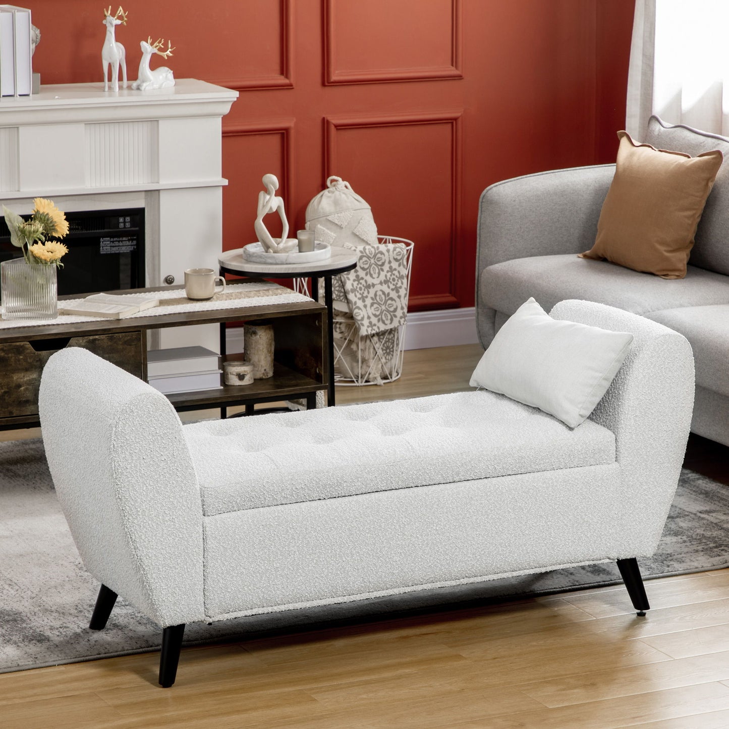 Upholstered Storage Bench with Arms, Modern Ottoman Bench for Bedroom, Entryway, and Living Room, Cream White