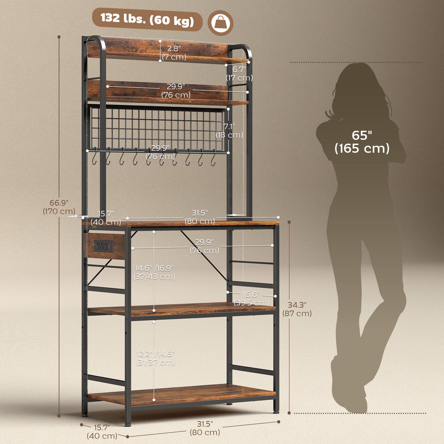 Kitchen Baker's Rack with Power Outlet and LED Light, 5-Tier Coffee Bar Station with 10 Hooks, Rustic Brown