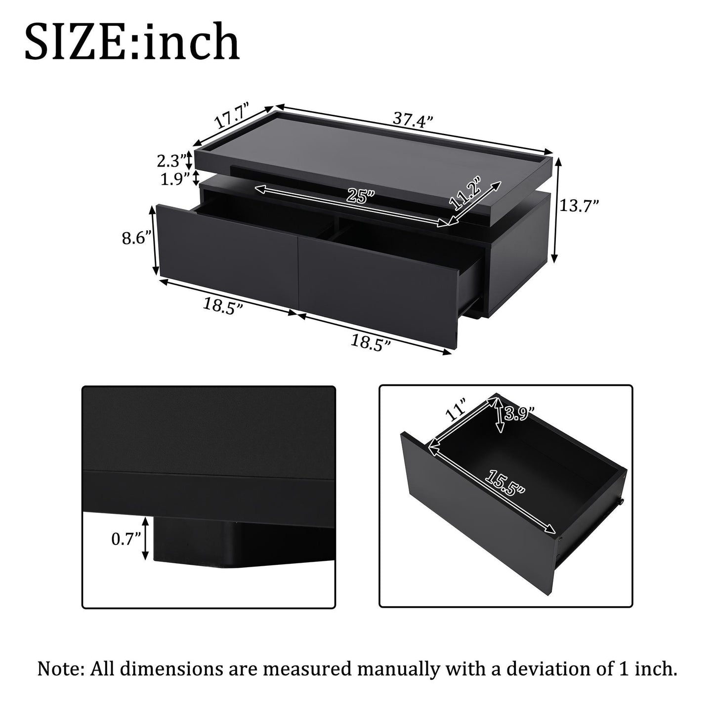 High-Gloss Coffee Table with App-Controlled LED Ambient Lighting, Functional Center Table for Living Room, 37.5" L x 17.5" W x 13.5" H, Black