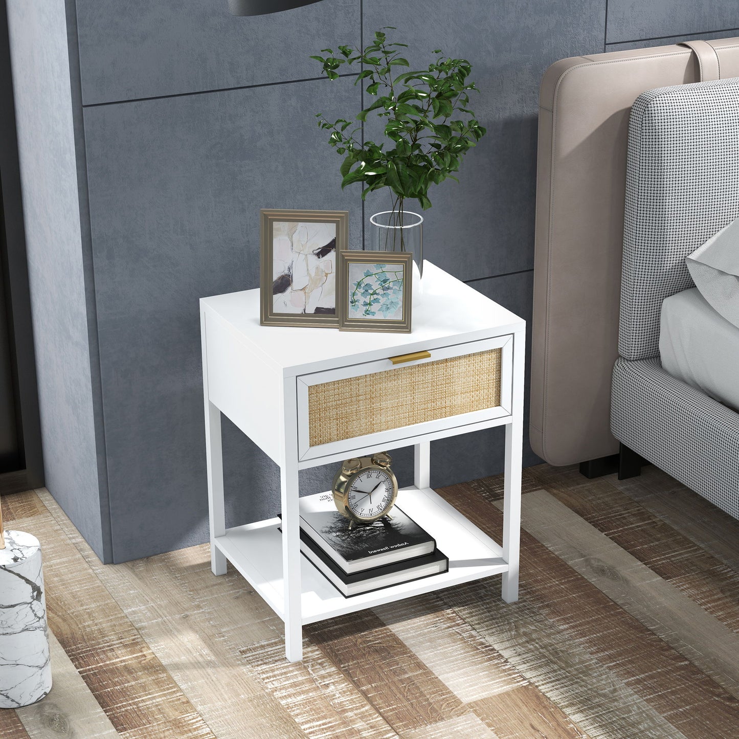 Boho Nightstand, Bedside Table with Rattan Drawer and Open Shelf, Side End Table for Bedroom, Living Room