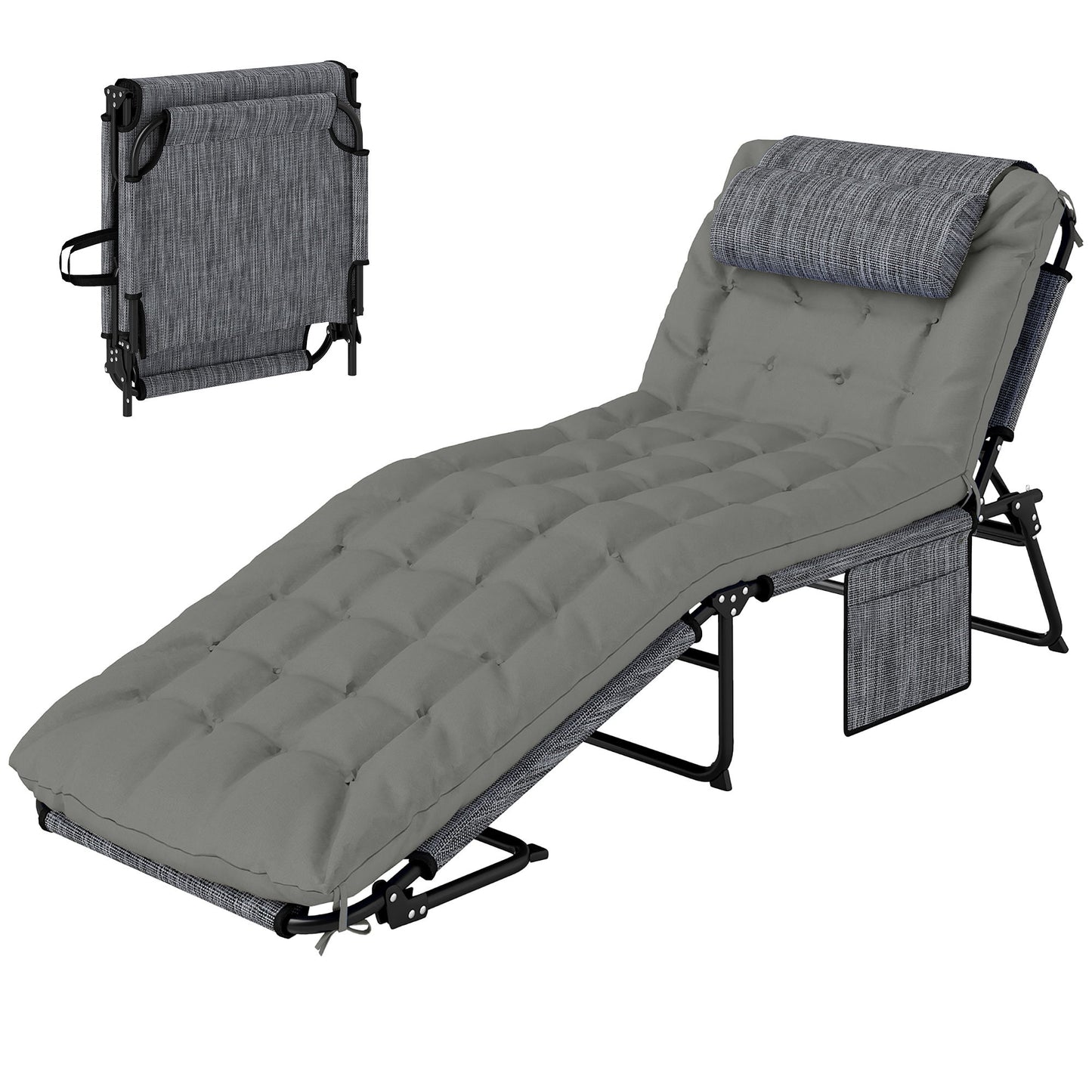 Folding Lounge Chair with 4-level Reclining Back & Cushion, Grey