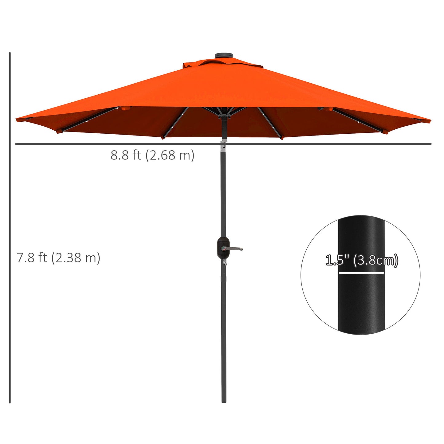 9ft Solar Patio Umbrella Outdoor Sunshade 24 LED Lights Tilt Canopy Orange