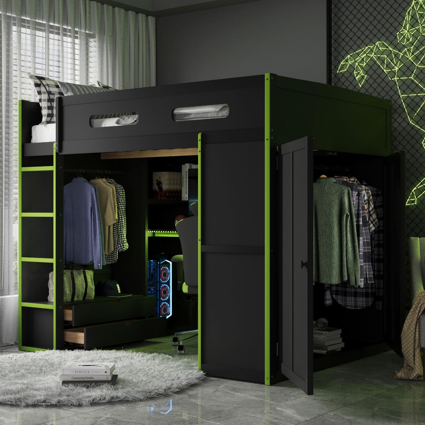 Full Size Wood Loft Bed with Built-In Desk and Gaming Station, Sturdy Bed Frame for Gamers and Multitaskers, 78.5'' L x 56.5'' W x 65'' H, Green