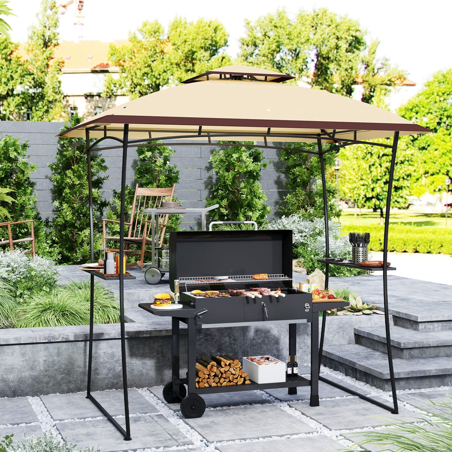 8' x 5' Outdoor Grill Gazebo, Double Tiered Barbecue Grill Gazebo Shelter with 2 Side Shelves and Hook, Beige