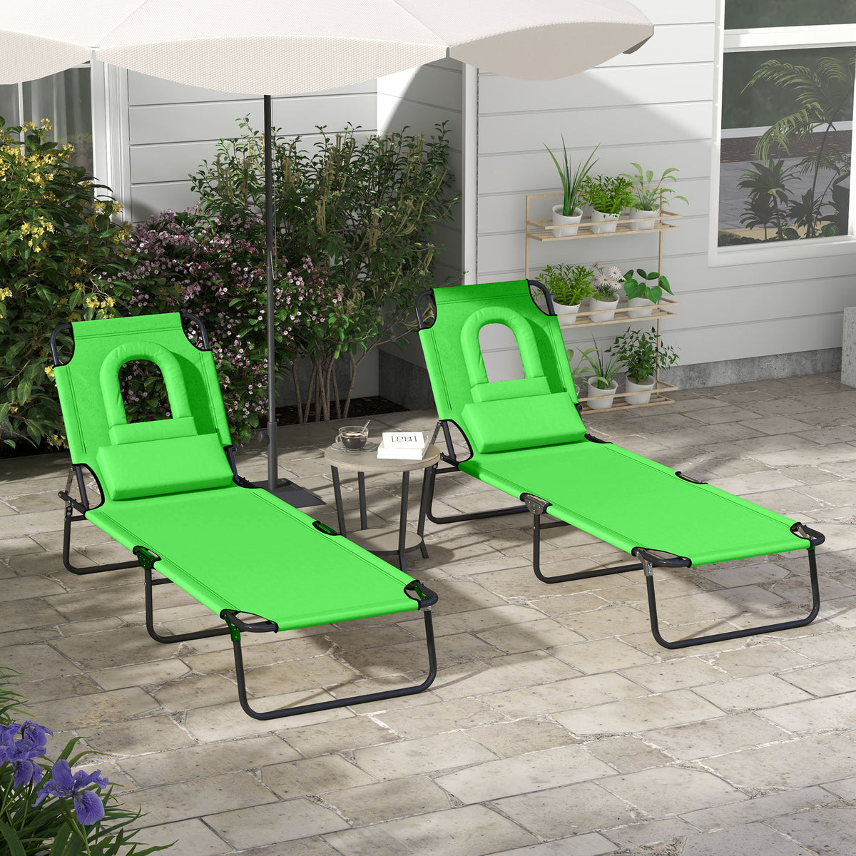Folding Lounge Chair Set of 2, Reclining Beach Tanning Chair with Face Hole, Pillow, 4-Position Adjustable Flat Sun Lounger, Steel Frame for Outdoor Patio Pool, Green