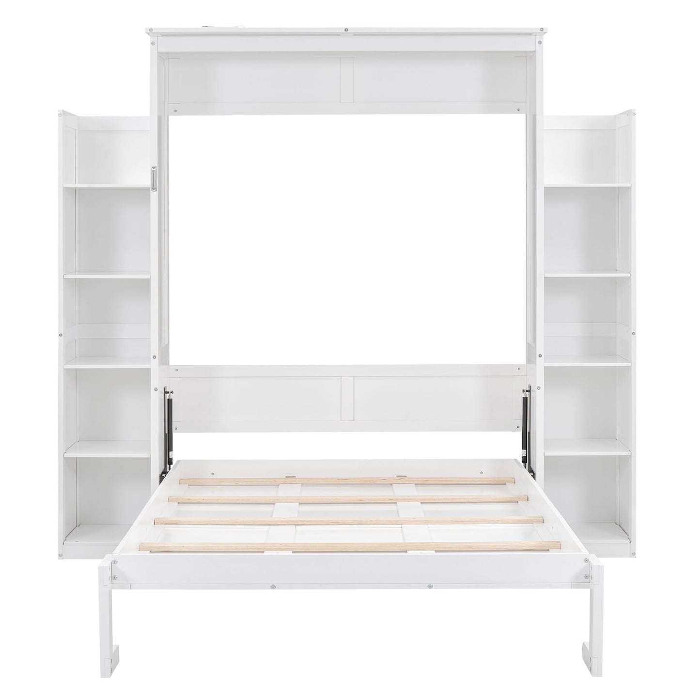 Full Size Murphy Bed with Shelves and LED Lights, Space-Saving Wall Bed with Flexible Slats, 87" L x 81" W x 83.5" H, White