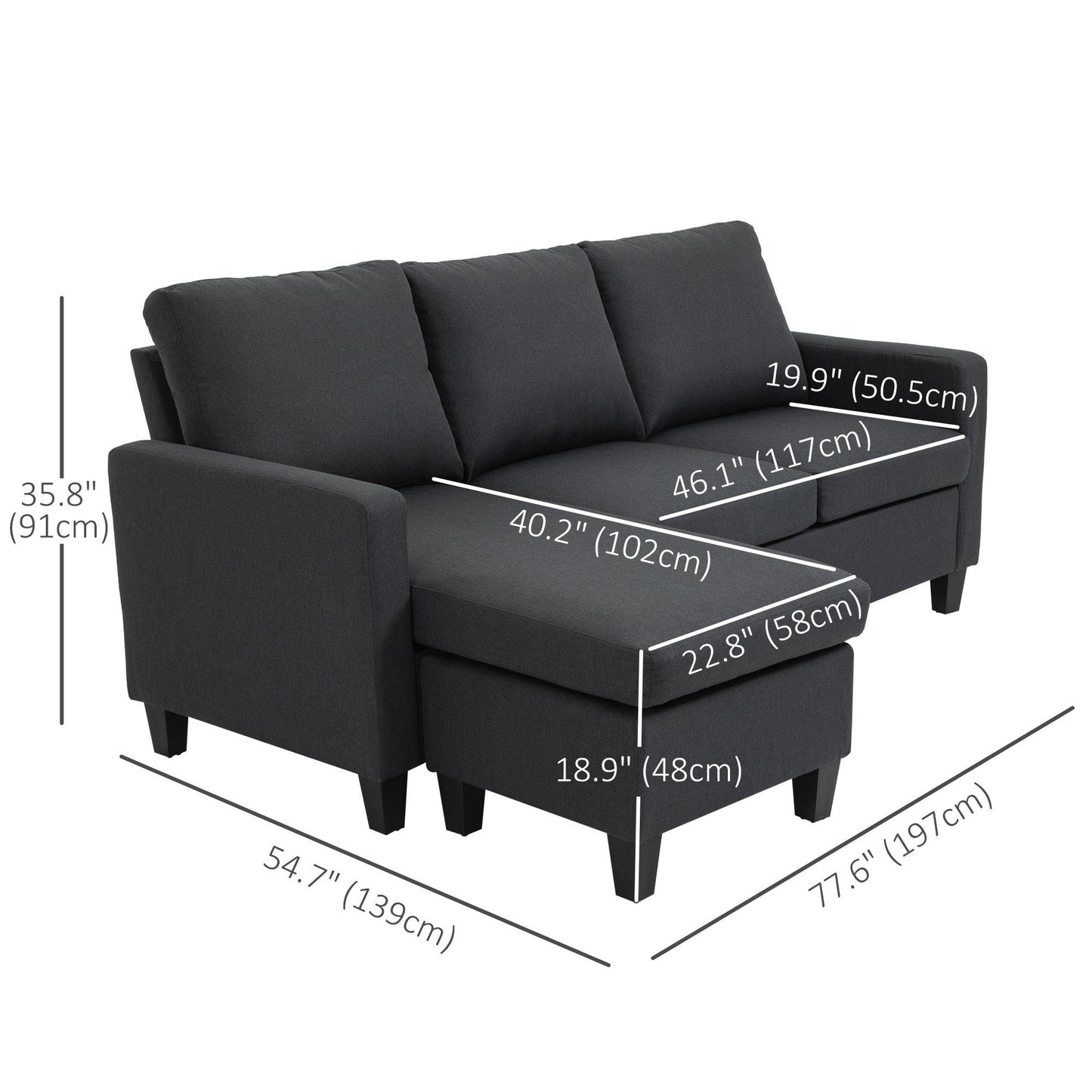L-Shaped Sectional Sofa with Ottoman - Dark Grey